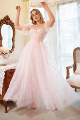 A-Linie Schulterfreies Blush Übergröße Ballkleid mit Stickerei